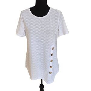 Multiples Womens Geometric Jacquard Side Button Short Sleeve Top White Small
